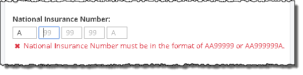 National Insurance Number must be in the format of  AA99999 or AA99999A.